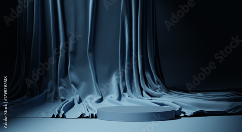 Fototapeta Naklejka Na Ścianę i Meble -  3D display podium dark background. Luxury silk blue cloth . Glamour minimal pedestal for beauty, cosmetic product presentation. Copy space,  template, studio 3d render	