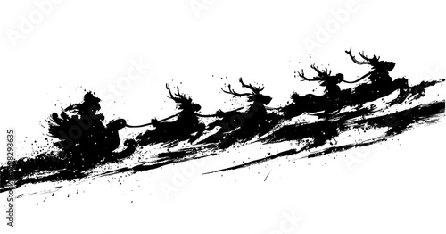 Santa and reindeer flying across a winter sky in expressive oriental brush strokes for festive Christmas design