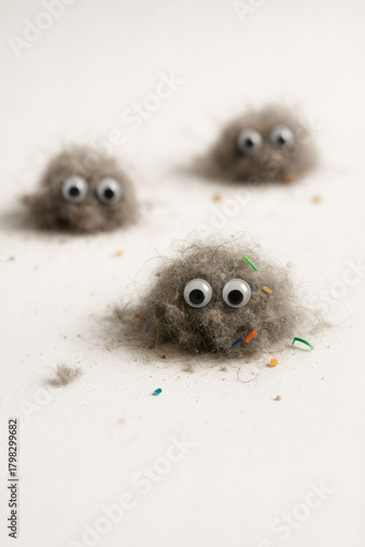 A whimsical perspective on household dust bunnies, adding a touch of humor to cleaning and home maintenance with googly eyes and colorful debris.
