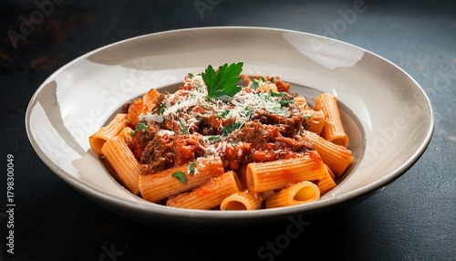A Delicious Bowl Of Rigatoni Pasta Topped With Savory Meat Sauce Cheese And Fresh Herbs Perfect For Any Italian Meal