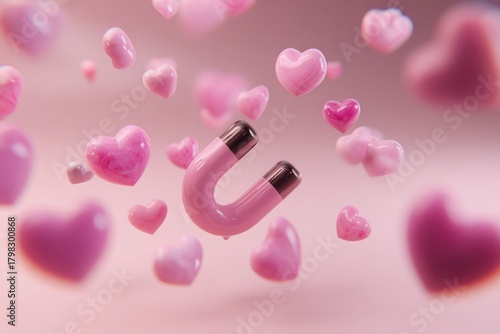 A pink magnet attracting floating hearts in a soft pink background, symbolizing love and connection