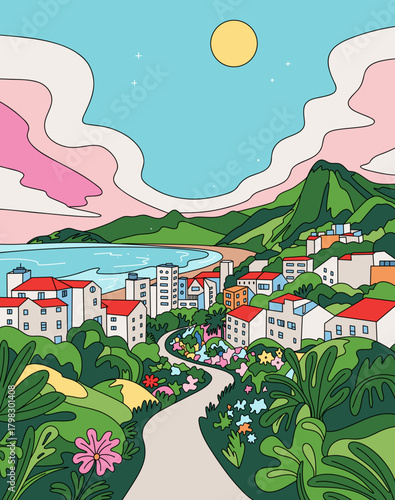 Vector Illustration of Nature and City Landscape Background, Vacation Village with Houses, Jungle Town with Mountains, Sea, Flowers and Trees. Sunny Sky with Wavy Clouds and Stars