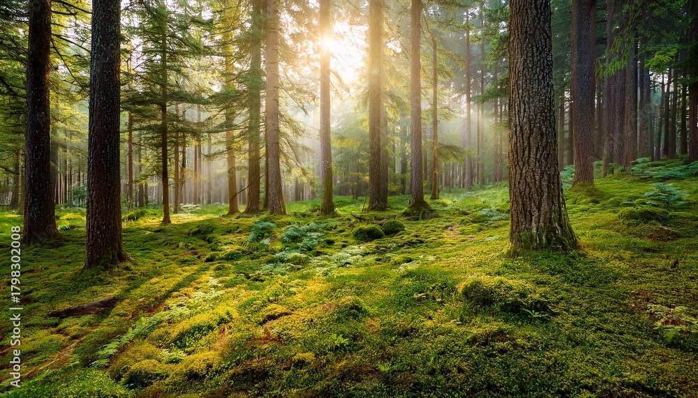 Fototapeta premium Enchanted Pine Forest Wallpaper Background 005