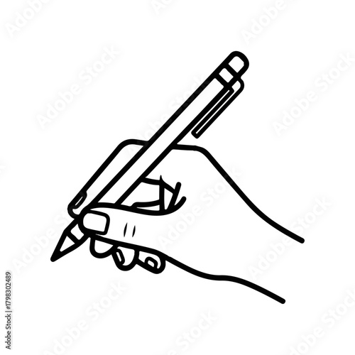 Hand with Pen: A line illustration showcases a hand delicately holding a pen, poised to embark on the act of writing, sketching, or signing, ready to leave an imprint on a pristine canvas.