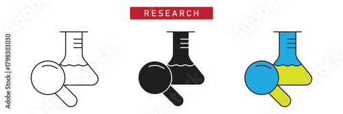 Scientific Research Icon. Magnifying Glass and Flask for Chemistry, Discovery, and Laboratory Analysis.
