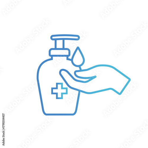 hand applying hand sanitizer from a bottle with a medical cross symbol. vector line