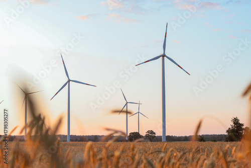 Wind turbines standing tall in a golden field during sunset, with soft clouds in the sky, showcasing renewable energy and sustainable technology in a serene landscape