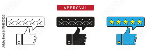 Approval and Acceptance Icon: Thumbs Up Hand Sign with Five Star Rating Symbol.