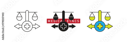 Medical Ethics Icon. Scales of Justice and Cross Symbol for Balancing Healthcare Morality and Law.