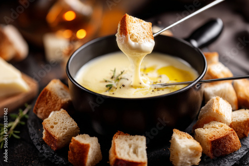 Cheese fondue served with bread cubes on a rustic table in a cozy setting during a winter evening