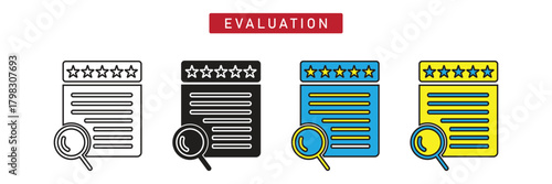 Evaluation and Review Icon. Document with Stars and Magnifying Glass for Quality Assessment.
