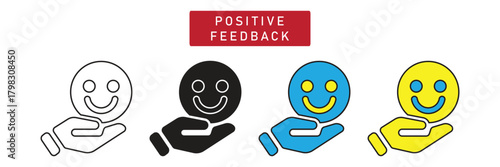 Positive Feedback Icon: Hand Holding Happy Smiling Face, Good Service Evaluation Symbol.