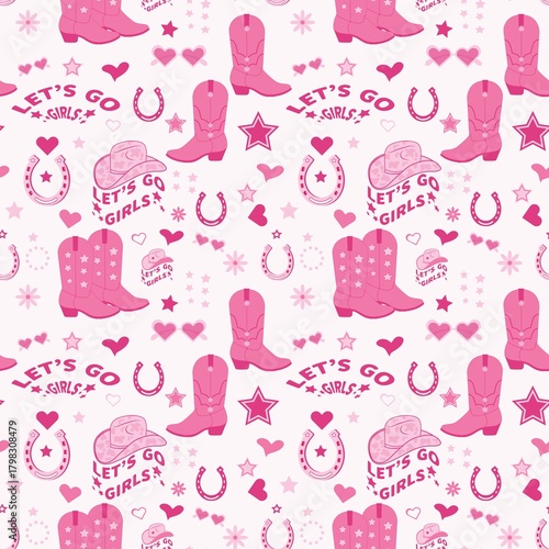 fun seamless pattern featuring bright pink cowgirl boots hats horseshoes hearts stars and the text scattered across a light pink background perfect for a bachelorette party or young western fan