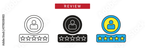 Customer Service Review Icon: User Rating, Five Golden Stars, Account Profile, and Feedback Symbol.