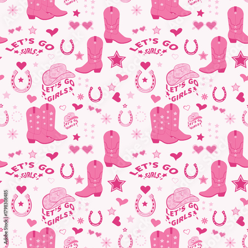 fun seamless pattern featuring bright pink cowgirl boots hats horseshoes hearts stars and the text scattered across a light pink background perfect for a bachelorette party or young western fan vector