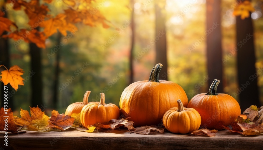 Naklejka premium Autumnal Still Life With Pumpkins And Falling Leaves In A Forest Setting