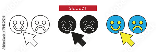Select Emotion Icon: Happy and Sad Faces with Cursor Pointer, User Survey Choice Symbol.