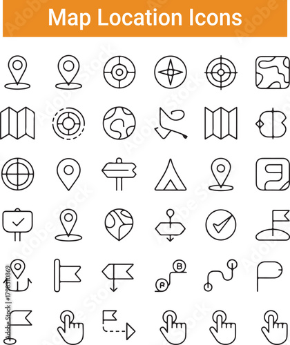 Map pin line icon set. Location, push pin, and map marker for geolocation and navigation. Route, flag, position, and GPS symbols
