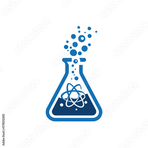 Abstract blue science and chemistry concept icon with laboratory flask, atom, and bubbles representing research, experiment, and technology innovation