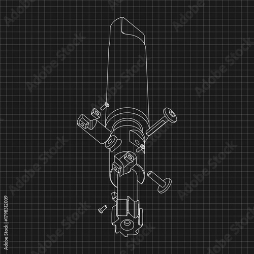 Mechanical engineering drawings. Tap tools, borer. Technical Design. Cover. Blueprint. Step Cutting Tool with Countersinking Function. Technical 3D Vector Illustration