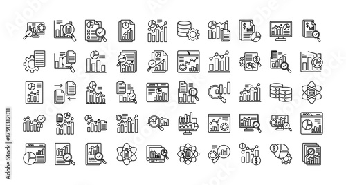 Data analysis and reporting icon set collection. Containing statistics, visual, review, database, info, advice, monitor .Line vector icons collection