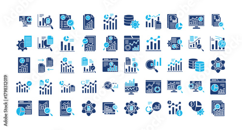Data analysis and reporting icon set collection. Containing statistics, visual, review, database, info, advice, monitor .Solid vector icons collection