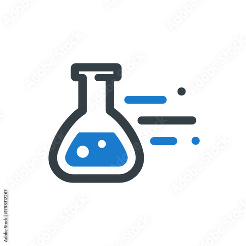 Modern icon of a laboratory flask with active blue liquid, representing science, research, experiment, and chemical process