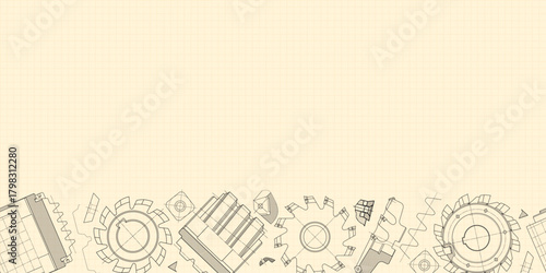 Mechanical engineering drawings on sepia background. Cutting tools, milling cutter. Technical Design. Cover. Blueprint. Horizontal seamless pattern. Vector illustration.