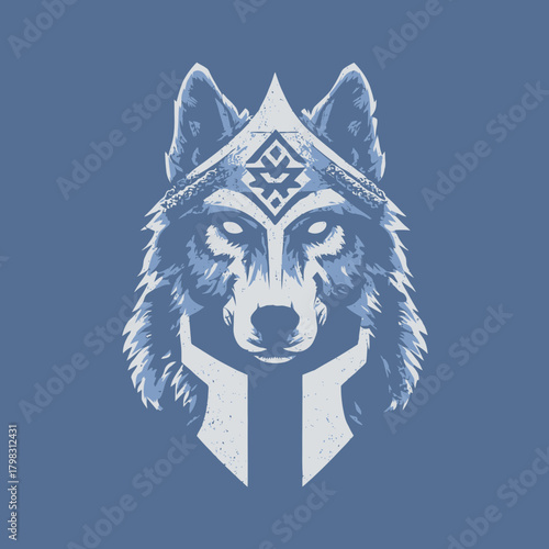 Majestic stylized wolf head illustration with tribal headdress and geometric patterns on a solid blue background, symbolic animal design.