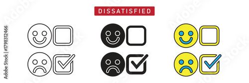 Dissatisfied Icon: Unhappy Face with Checkmark, Negative Service or Product Evaluation Symbol.