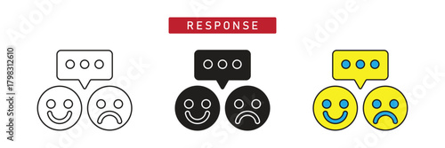 Response Icon: Happy and Sad Faces with Speech Bubble, Customer Feedback Communication Symbol.