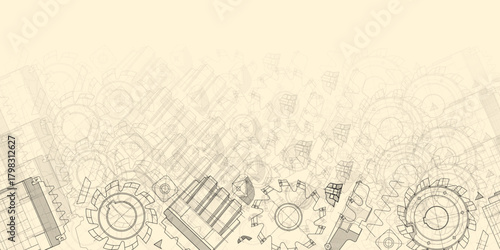 Mechanical engineering drawings on sepia background. Cutting tools, milling cutter. Technical Design. Cover. Blueprint. Horizontal seamless pattern. Vector illustration.