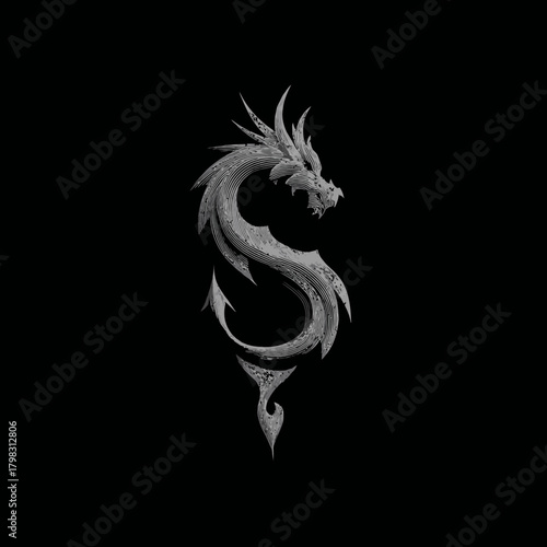 Stylized grey dragon emblem on black background. Majestic mythical creature symbol, fantasy art design element. Powerful mythical beast illustration.
