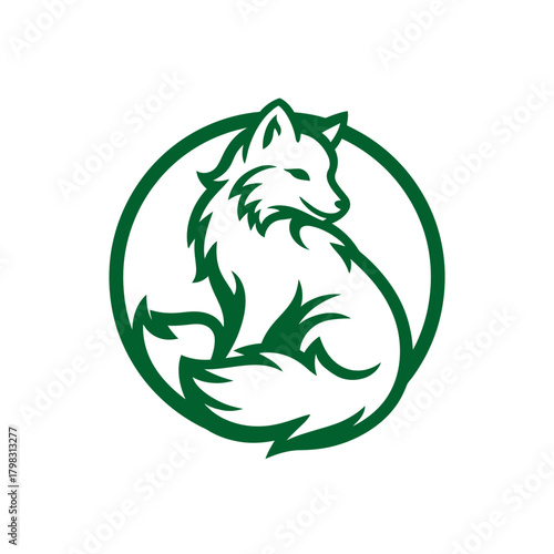 Elegant stylized green fox illustration in a circular frame, modern animal mascot vector logo design.