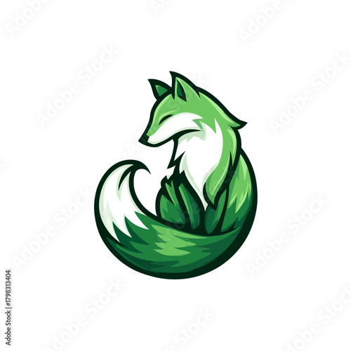 Elegant green fox illustration curled up, stylized vector art, animal design, modern nature symbol for eco-friendly concepts