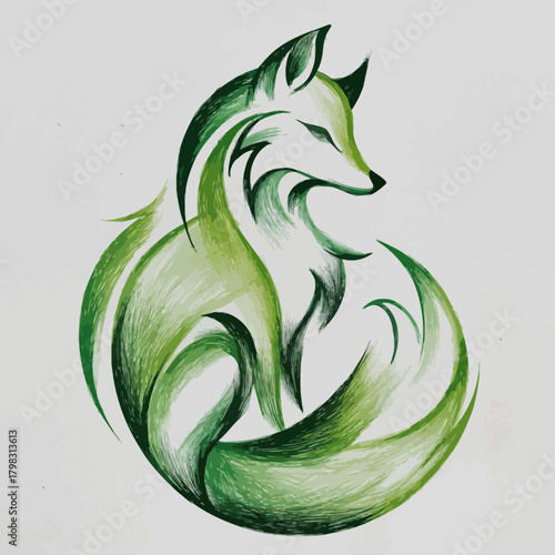Green Stylized Fox Illustration Curled Up, Abstract Wildlife Animal Art Design Element with Elegant Lines