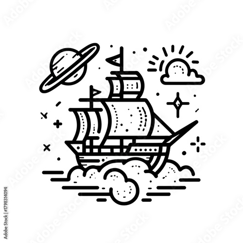 Dreamy line art illustration of a sailing ship floating on celestial clouds with a ringed planet, sun, and stars, imaginative journey