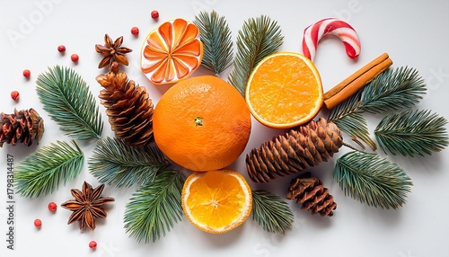 A Composition Of Christmas New Year S Decorations On A White Background Oranges Anise Fir Branch Cones New Year S Candies In The Style Of A Romantic Nostalgic Theme Orange Green Striped
