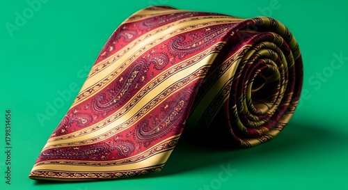 Wallpaper Mural A luxurious rolled-up silk tie with intricate paisley patterns in rich red, gold, and green colors placed against a vibrant green background Torontodigital.ca