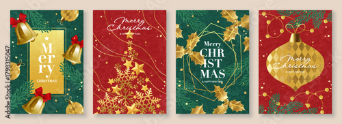 Christmas and New year greeting card red, green and gold set. Modern Christmas design with typography,  snowflake Christmas tree, festive holly, Xmas ornaments, vector templates