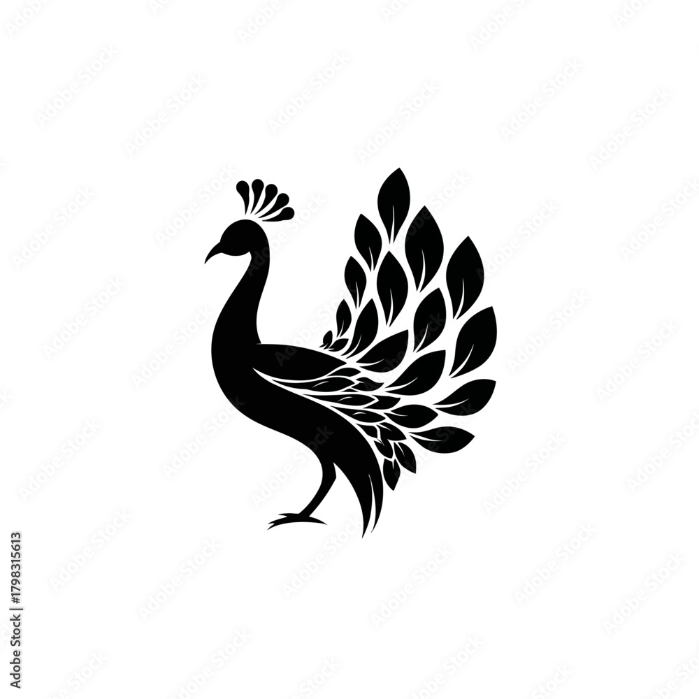 Fototapeta premium Black silhouette of a majestic peacock with a stylized leaf-shaped tail and crest. Elegant bird vector graphic design element.
