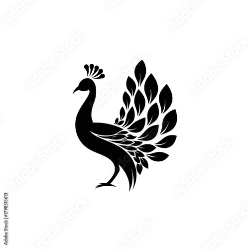 Black silhouette of a majestic peacock with a stylized leaf-shaped tail and crest. Elegant bird vector graphic design element.