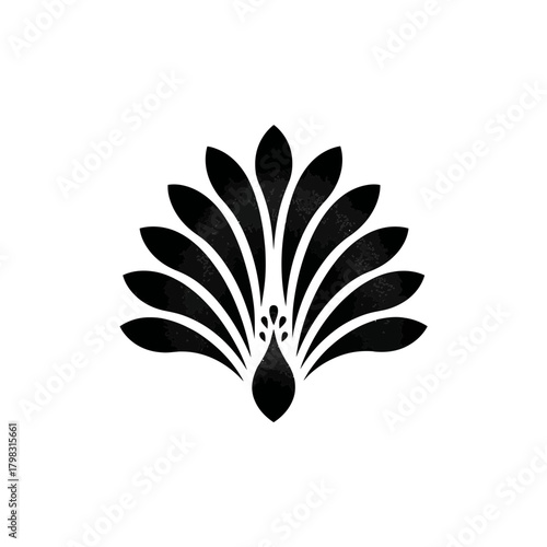 Elegant black silhouette of a stylized peacock icon. Decorative abstract bird with fanned tail and watercolor texture graphic element.