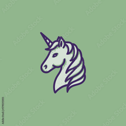 Mystical unicorn head illustration. Fantasy creature with a single horn, depicting magic, dreams, and elegance in a stylized vector art drawing.