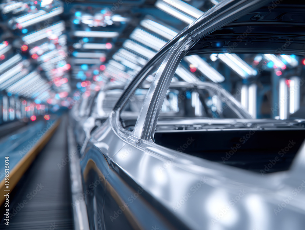 Obraz premium Car body on assembly line under bright lights, modern automotive factory, industrial production, high technology, efficiency, metallic finish