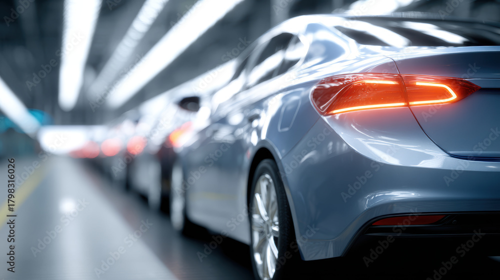 Fototapeta premium Modern sedan car with illuminated tail light on assembly line, automotive manufacturing, high fidelity, technology, efficiency, industrial setting