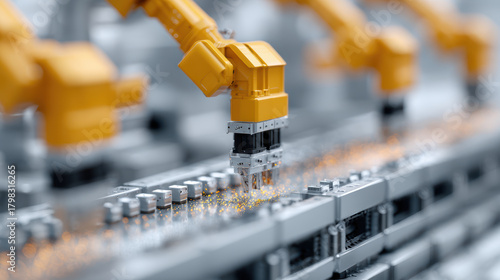 Close up of yellow robotic arms welding steel panels in factory, creating sparks, showcasing advanced industrial automation