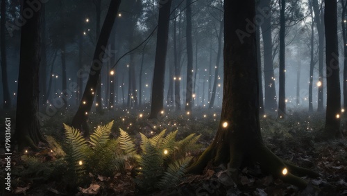 Enchanted Forest with Glowing Lights and Ferns at Dusk.