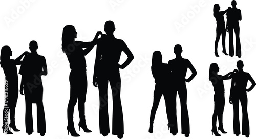 Fashion fitting silhouette illustration, symbolic styling collaboration and wardrobe adjustment graphics for design and education