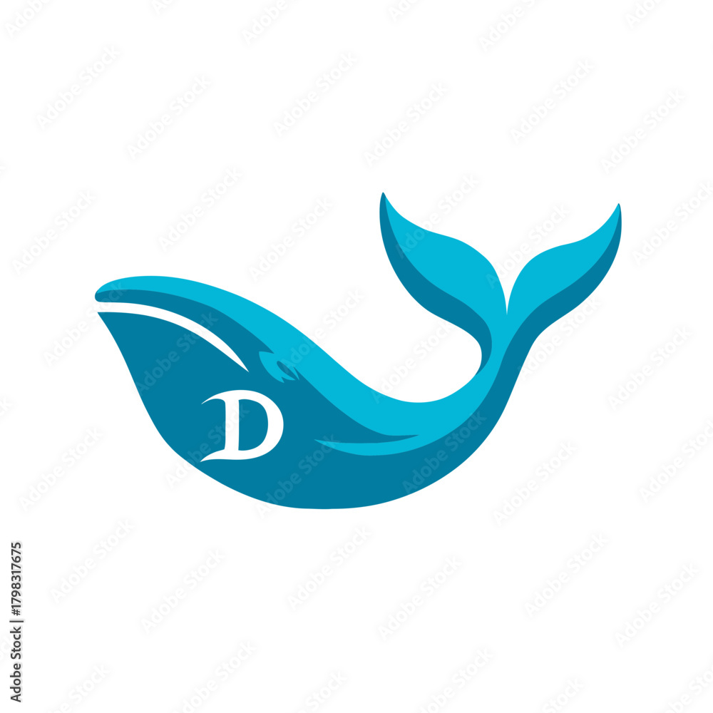 Obraz premium Modern stylized blue whale graphic design featuring initial 'D', a clean blue icon representing ocean, marine life, and aquatic themes.